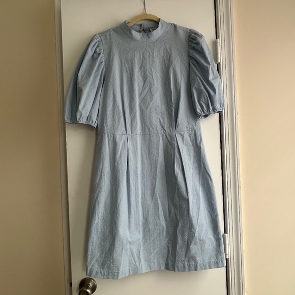 Aware by Vero Mode Blue Mock Neck Puff Sleeve Dress Sz L Keyhole Back Preppy - Picture 3 of 6